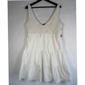 Boston Proper White Crochet Tiered Mini Dress Womens Large Cotton Boho NEW